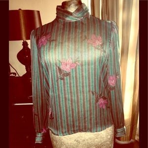 Vintage high neck sheer multi print blouse
